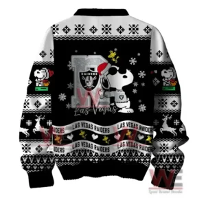 Alt text: A black sweater featuring Snoopy in a Santa hat, the Raiders logo, and festive holiday patterns with the 