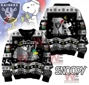 Alt text: A two-sided view of a Raiders sweater with Peanuts characters Snoopy and Woodstock, and holiday decorations, including snowflakes and reindeer.