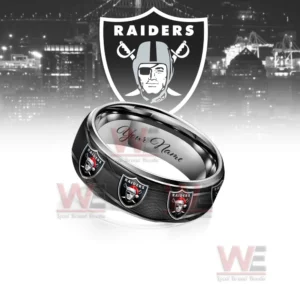 A dark ring decorated with raiders icons shown in front of a bold team emblem background!