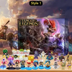League of Legends advent calendar box with battle artwork and small game character figures on a wooden table!