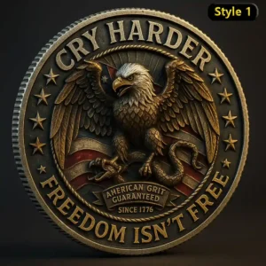 Gold-toned patriotic coin with eagle and engraved freedom message!