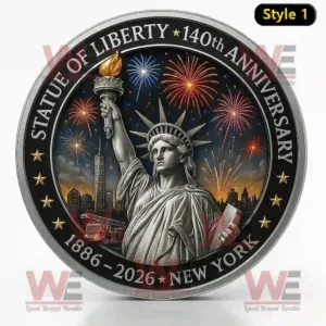 Statue of Liberty 140th anniversary coin with New York skyline fireworks and detailed silver engraving.