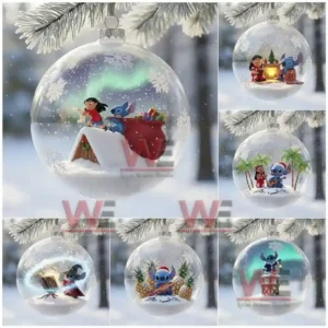 Clear Christmas ornaments with miniature winter scenes of Lilo and Stitch in festive poses.
