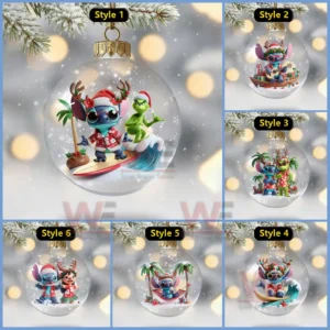 A collage of six clear Christmas ornaments showing tropical themed characters in snowy holiday scenes!