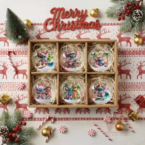 A boxed collection of six clear ornaments each showing tropical themed characters in snowy holiday scenes!