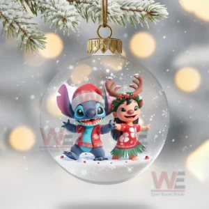 A clear Christmas ornament showing two festive characters standing in a snowy scene!
