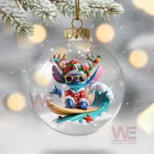 A clear Christmas ornament showing a festive character surfing on a snowy wave!