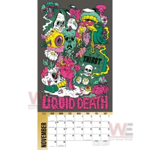A highly stylized artwork of skulls and surreal forms displayed above a monthly calendar grid!