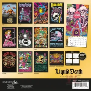 Liquid Death 2026 Wall Calendar 7 A grid of monthly artwork pieces displayed with a sample calendar grid on a warm background!