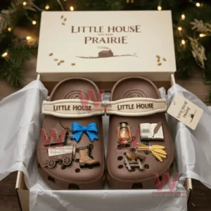 Brown clogs with multiple charms displayed inside a gift box!