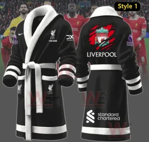 Black Liverpool themed bathrobe shown with players in a stadium!