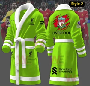 Green Liverpool themed bathrobe in front of players in a stadium!