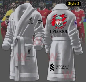 Gray Liverpool themed bathrobe shown with players in a stadium!
