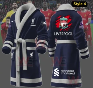 Dark blue Liverpool themed bathrobe shown before players in a stadium!