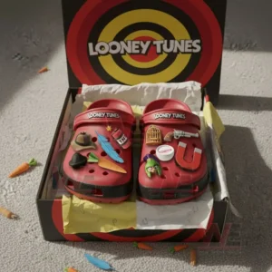 Red Looney Tunes themed clogs placed inside an open box with multiple charms attached to the shoes.