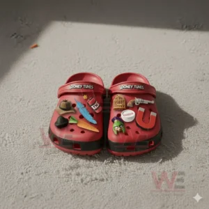 Red Looney Tunes decorated clogs resting on a flat textured floor.