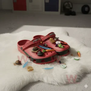 Red clogs with Looney Tunes charms placed on a white fluffy rug.