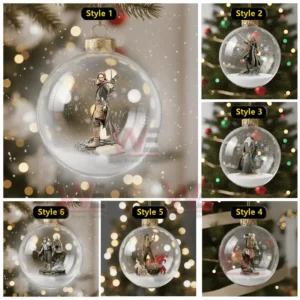 A collage of six clear Christmas ornaments showing heroic figures standing in snowy scenes.