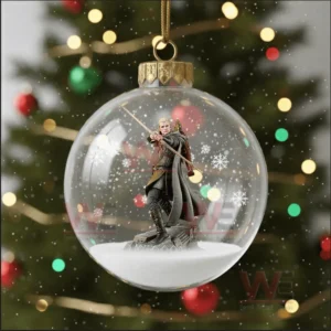A clear Christmas ornament showing an archer standing in a snowy scene.