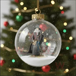 A clear Christmas ornament showing a wizard standing in a snowy scene.