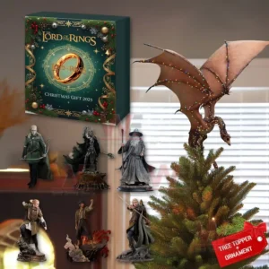 A Christmas gift set with character ornaments and a dragon tree topper beside a decorated box.