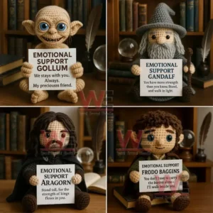 A group of four crochet fantasy character dolls sitting on a table each holding a sign with kind and supportive messages!
