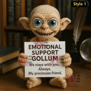Lord of the Rings Emotional Support Doll 6 A crochet doll with big eyes and a wide smile holding an emotional support sign on a wooden desk!