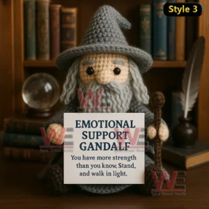 Lord of the Rings Emotional Support Doll 8 A crochet doll with a gray beard and hat sitting on a table holding an inspiring message sign!