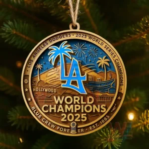 Los Angeles Dodgers 2025 World Champions Christmas ornament with gold and blue design hanging on a tree!