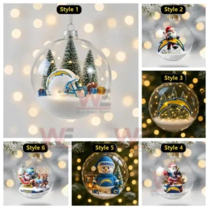 A collage of six Los Angeles Chargers themed Christmas ornaments each holding snowy miniature scenes inside clear spheres!