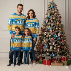 Los Angeles Chargers NFL Christmas Ugly Sweater 2025 4 Family in matching blue and gold Chargers Christmas sweaters standing beside a Christmas tree decorated with ornaments and lights!