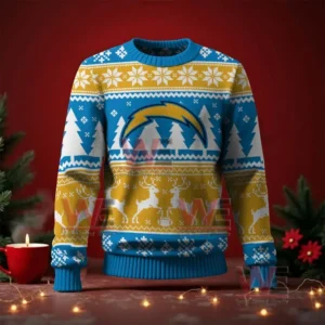 Los Angeles Chargers NFL Christmas Ugly Sweater 2025 5 Blue and gold Christmas sweater with a lightning bolt logo on the front and festive patterns of snowflakes and reindeer!