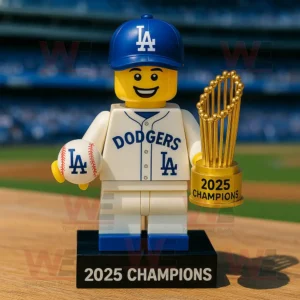 Dodgers themed minifigure holding a golden 2025 Champions trophy and a baseball on a field background!```