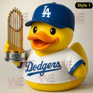 Rubber duck wearing Dodgers jersey and LA cap holding golden 2025 Champions trophy!