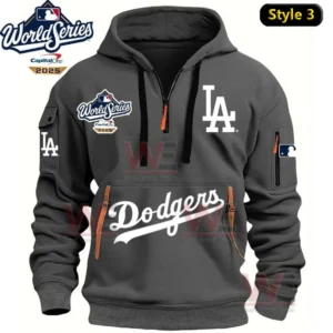 Gray Los Angeles Dodgers hoodie with 2025 World Series logos and orange zipper details!
