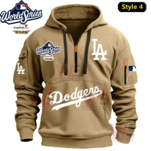 LA Dodgers 2025 World Series Champion Half Zipper Hoodie 9 Tan Los Angeles Dodgers hoodie with 2025 World Series patches and white team lettering!