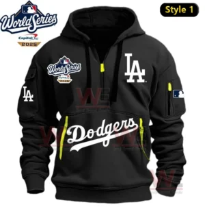 LA Dodgers 2025 World Series Champion Half Zipper Hoodie 10 Black Los Angeles Dodgers hoodie with 2025 World Series logos and yellow zipper accents!