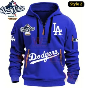 LA Dodgers 2025 World Series Champion Half Zipper Hoodie 11 Blue Los Angeles Dodgers hoodie with 2025 World Series patches and orange zipper details!