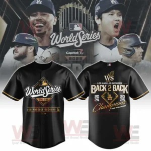 A sleek black baseball jersey for the Los Angeles Dodgers marking their 2025 World Series win with gold trim and championship history on the back!