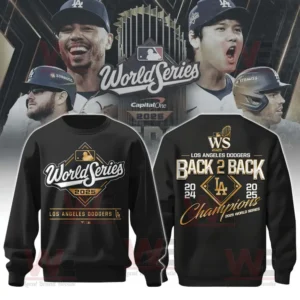 A black crewneck sweatshirt showcasing the Los Angeles Dodgers 2025 World Series win and previous championship years in gold and white text!
