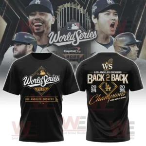 A black short sleeve t-shirt celebrating the Los Angeles Dodgers as 2025 World Series champions with golden highlights and history on the back!