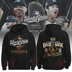 A black hoodie celebrating the Los Angeles Dodgers as 2025 World Series champions with golden and white lettering and championship years displayed on the back!