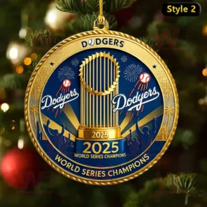Los Angeles Dodgers 2025 World Series Champions Ornament 12 Dodgers 2025 World Series Champions round ornament in gold and blue hanging on tree.