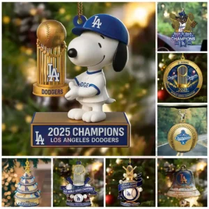 Christmas ornaments themed around Dodgers 2025 World Series win including Snoopy and trophy decorations.