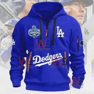 Los Angeles Dodgers 2025 World Series Champions Half Zip Hoodie 10 Front of blue Los Angeles Dodgers 2025 Champions hoodie with logo and badge!