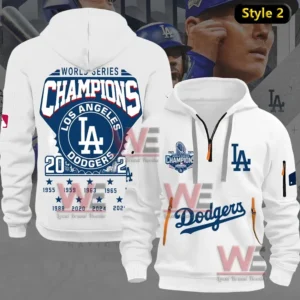 Los Angeles Dodgers 2025 World Series Champions Half Zip Hoodie 12 White Los Angeles Dodgers 2025 World Series Champions hoodie with team emblems and patch design!