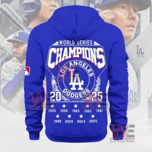 Los Angeles Dodgers 2025 World Series Champions Half Zip Hoodie 11 Back of blue Los Angeles Dodgers 2025 Champions hoodie with team logo and victory years!