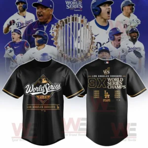 A black baseball jersey marking the Los Angeles Dodgers consecutive World Series wins in 2024 and 2025 with gold and white lettering!