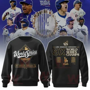 A black crewneck sweatshirt celebrating the Los Angeles Dodgers 2024 and 2025 World Series championships with elegant golden details!
