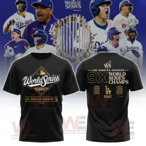 A black short sleeve t-shirt commemorating the Los Angeles Dodgers as 2024 and 2025 World Series champions in stylish gold and white print!